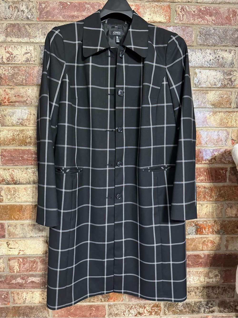 Jones New York Black Windowpane Longline Coat